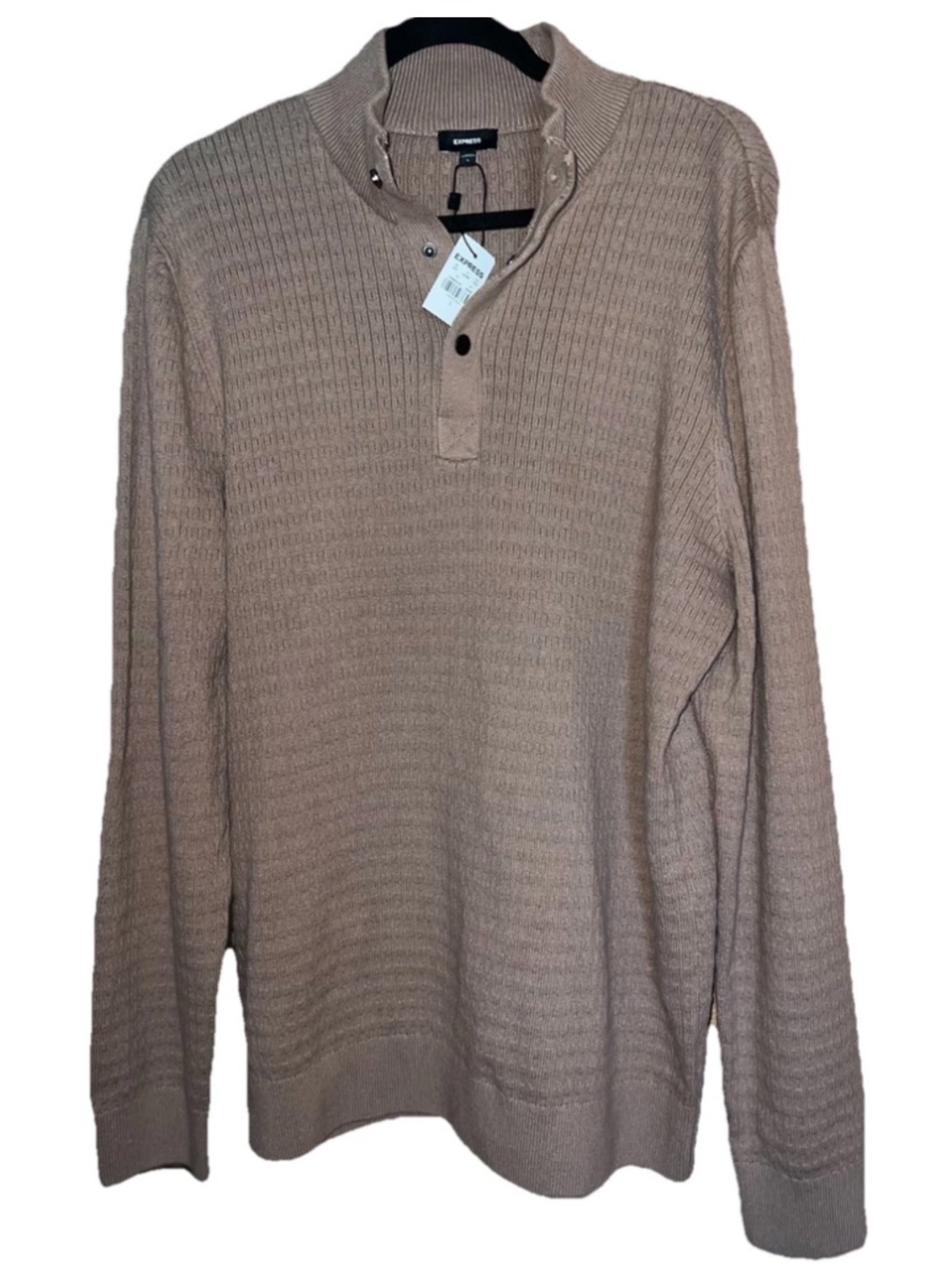 Express Men's Large Tan Waffle Knit Mock Neck Henley Button Pullover Sweater